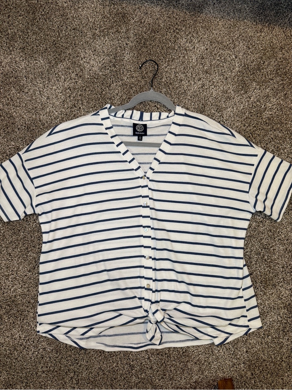 bobeau White and Navy Striped Button-Front Tie-Hem Top